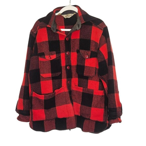 Woolrich‎ Vintage 90s Red Buffalo Plaid Wool Barn Coat Chore Jacket Cabincore L - Picture 1 of 16
